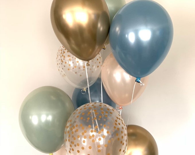 Slate Blue Balloons | Slate Blue Wedding Decor | Slate Blue and Sage Green Balloons | Chrome Gold Balloons | Slate Blue Bridal Shower Deco