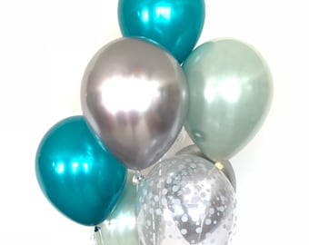 Sage Green & Teal Balloon Bouquet | Silver Dot Accents (8-Count)