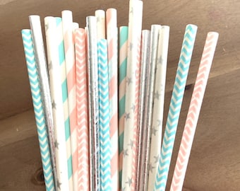 Twinkle Little Star Straws | Twinkle Little Star Party Decor | Pink and Blue Straws | Gender Reveal Baby Shower Decor | Silver Star Straws