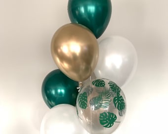 Tropical Balloon Bouquet | Green Leaf, Gold, & White, 8-Count
