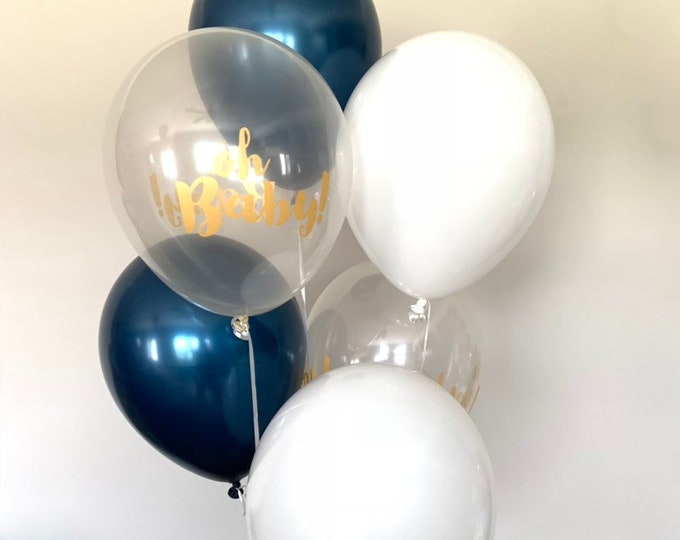 Oh Baby Balloons | White and Navy Balloons | Gender Reveal Balloons | Gender Reveal Baby Shower Balloons | Baby Shower Decor | He or She?