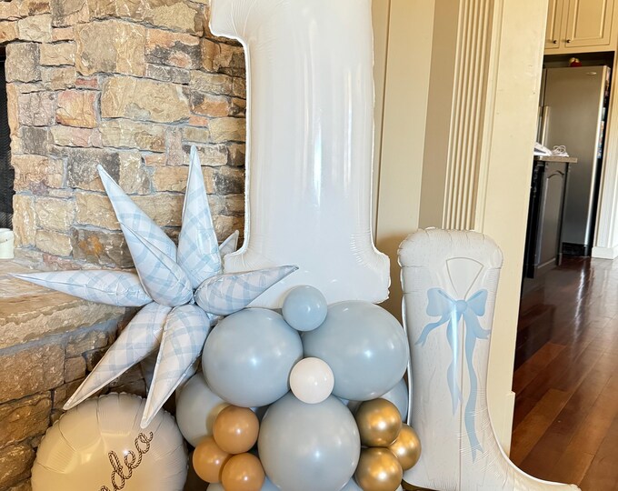 First Rodeo Balloon Tower Kit | White Cowgirl Boot Barnyard Balloon Tower | Blue Bow Balloons | Little Cowgirl First Birthday
