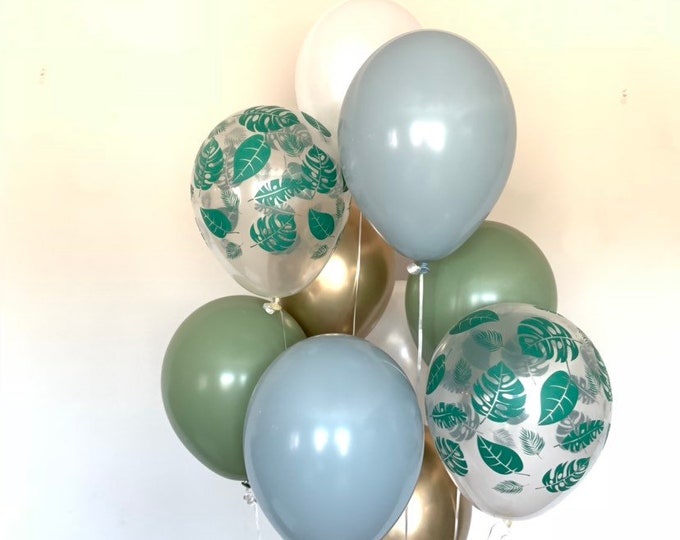 Tropical Blue and Green Balloons | Eucalyptus Balloons | Beach Bridal Shower | Dusty Blue Baby Shower Decor