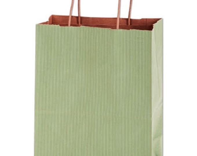 Sage Green Gift Bags Medium | 8” x 4.75” x 10” Sized Sage Bags | Sage Kraft Shadow Stripe Shopping Bags | Sage Bridal Shower Favor Bags