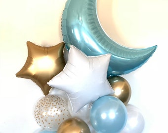 Twinkle Little Star Balloons | Blue Twinkle Little Star Baby Shower Decor | Moon and Star Balloons | Boy Baby Shower | Blue and Satin Gold