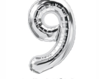 Silver Number 9 Balloon | Silver Ninth Birthday Balloons | Nine Photo Prop | Air Fill Number Balloons | Silver Nine Balloons