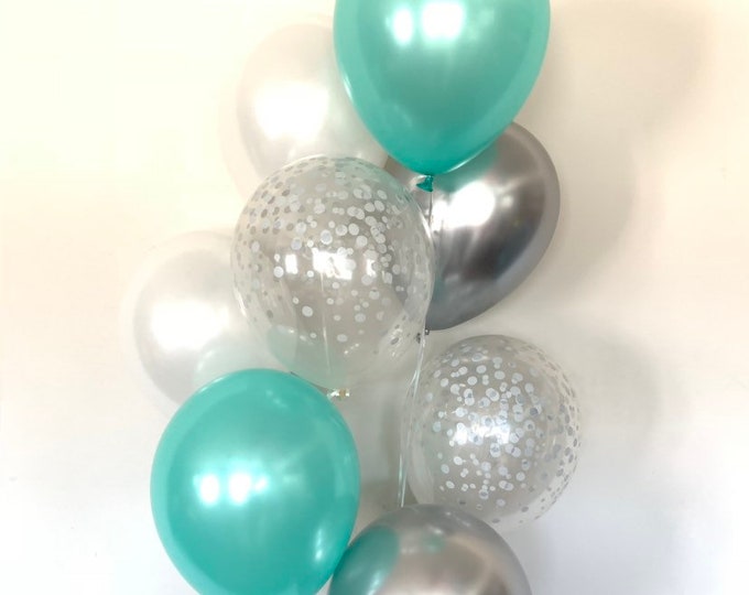 Mint and Silver Balloon Bouquet | Silver and Mint Balloons | Mint, White and Silver Balloons | Gold Bridal Shower Decor | Mint Wedding Decor