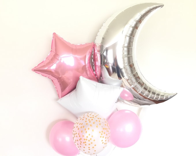 Twinkle Little Star Balloons | Pink Twinkle Little Star Baby Shower Decor | Moon & Star Balloons | Girl Baby Shower Balloons | Baby Sprinkle