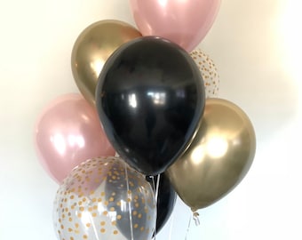 Pink Blush Balloon Bouquet | Gold Confetti, Black and Gold Balloons