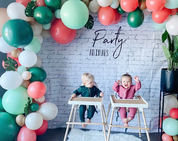 Green and Coral Balloon Garland | Party Animal Birthday Balloon Garland | Matte Balloons | Green & White Sand Balloons | Twins First Birthda