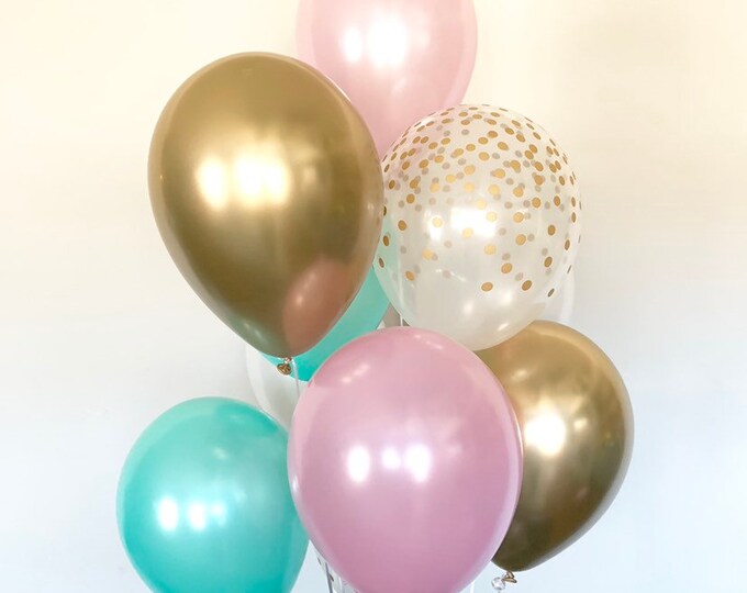 Pink, Mint and Gold Balloon Bouquet | Pink and Mint Balloon Bouquet | Mint and Gold Balloons | Pink and Mint Bridal Shower Decor | Pink Baby