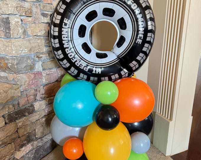Monster Truck Balloon Tower Kit | Race Car Birthday | Wheel Balloon Display | First Lap Birthday Balloons | Two Fast Need Four Speed Limit