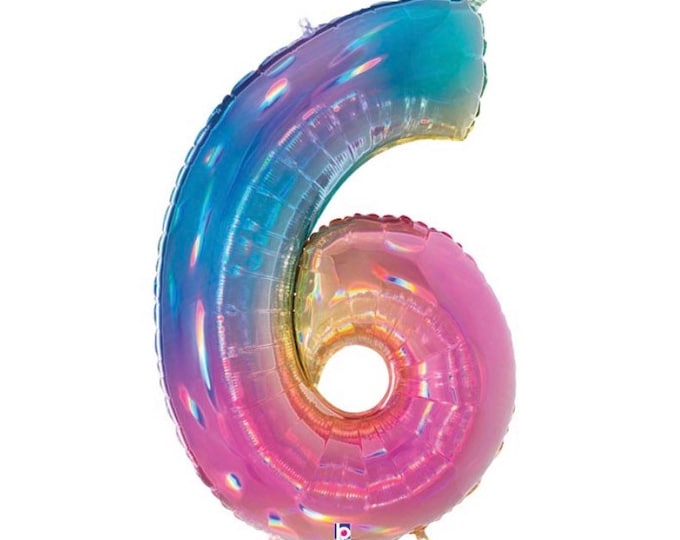 Holographic Rainbow Number 6 Balloon | Rainbow Sixth Birthday Balloons | Mylar Number Balloons | Large Foil Balloons | Holographic Opal