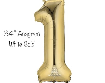 White Gold Number 1 Balloon | 34" Mylar Foil First Birthday