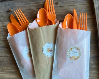 Little Pumpkin Cutlery Sets | Set of 12 | Little Pumpkin Baby Shower | A Little Pumpkin is on the Way | | Little Pumpkin Cutlery Bags