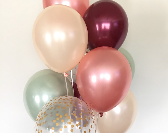 Burgundy and Rose Gold Balloons | Rose Gold Bridal Shower Decor | Rose Gold and Green Bridal Shower | Light Green Balloons | Green Birthday