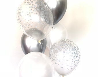 Silver and White Balloons | White Balloon Bouquet | Chrome Silver Balloons | Silver and White Birthday Decor | Confetti Balloons