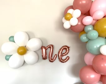White Flower One Balloons | Groovy One Balloons | Rose Gold Script Balloons | Boho First Birthday Balloons | Flower Power Birthday Party