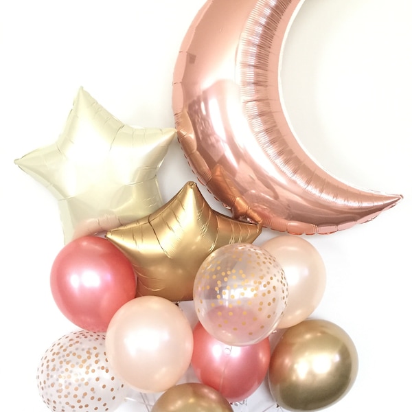 Ramo de globos con estrellas y lunas en oro rosa / Decoración para baby shower de niña