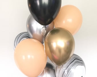 Black and Blush Balloons | Silver Chrome Balloons | Blush and Platinum | Black and White Party Decor | Gold Chrome