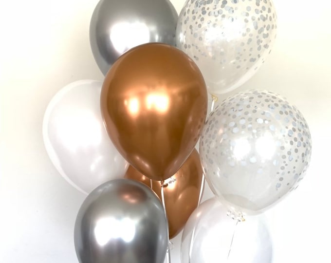 Copper Balloons | Copper and White Balloons | Copper Baby Shower Decor | Woodland Baby Shower | Woodland Birthday Balloons | Silver and Copp
