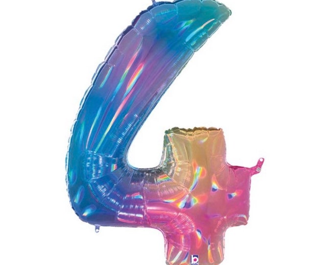 Holographic Opal Number 4 Balloon | Rainbow Fourth Birthday Balloons | Mylar Number Balloons | Large Foil Balloons | Rainbow Four Balloons