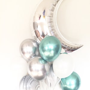 Moon Balloons | Galaxy Birthday Balloons | Out of this World Party | Silver and Mint Balloons | Over The Moon Baby Shower