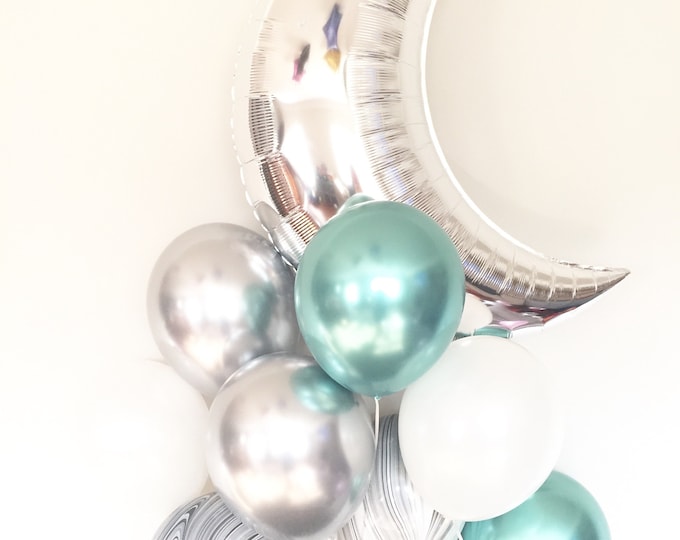 Moon Balloons | Galaxy Birthday Balloons | Out of this World Party | Silver and Mint Balloons | Over The Moon Baby Shower