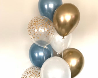 Slate Blue Balloons | Slate Blue Wedding Decor | Slate Blue and White Balloons | Chrome Gold Balloons | Slate Blue Bridal Shower Decor