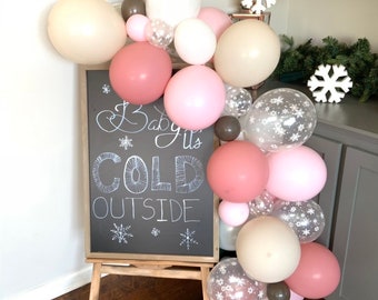 Pink and Tan Snowflake Balloon Garland | Baby it’s Cold Outside Bridal Shower Decor | Pink and Brown Hot Cocoa Bar Balloon Garland