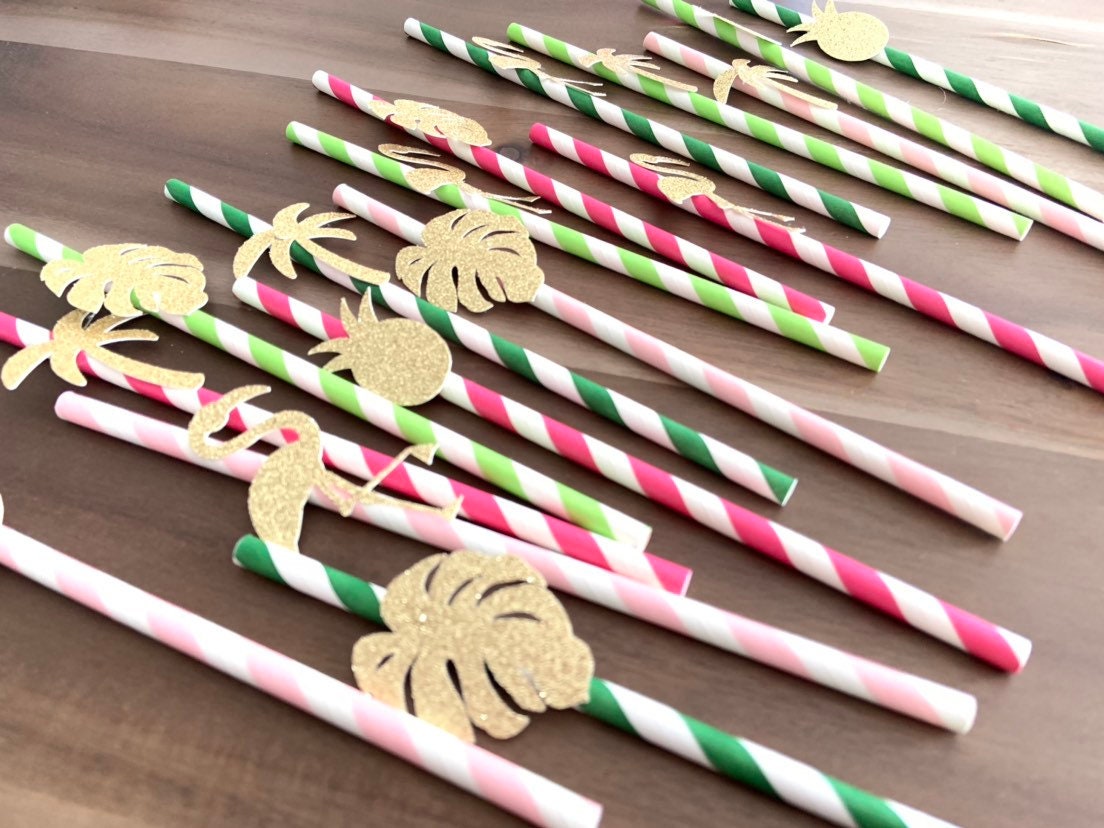 Tropical Straws Tropical Party Decor Green Leaf Straws Tropical