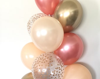 Rose Gold Balloon Bouquet | Chrome, Blush, Peach, and Confetti Balloons
