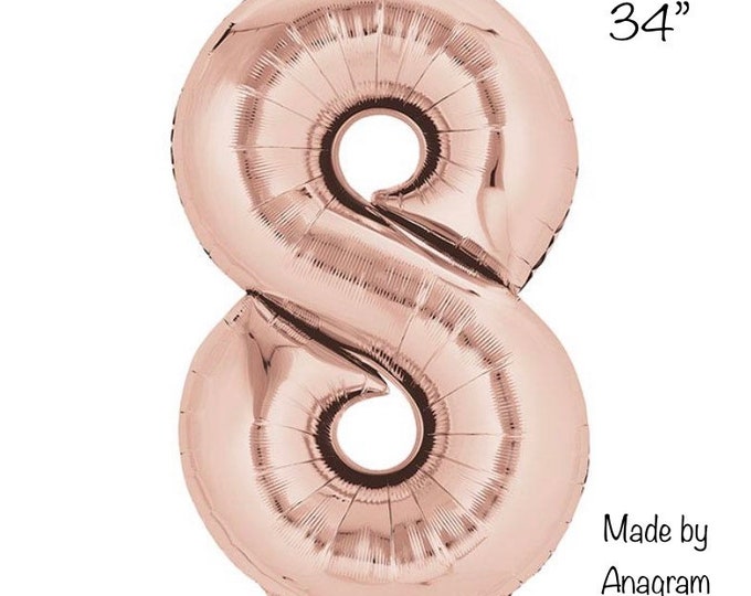 Rose Gold Number 8 Balloon | Eighth Birthday Party Decor | 34" Mylar Number Balloons | Large Foil Balloons | Rose Gold Eighth Birthday Ballo