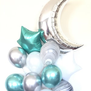 Moon Balloons | Galaxy Birthday Balloons | Out of this World Party | Silver and Mint Balloons | Over The Moon Baby Shower