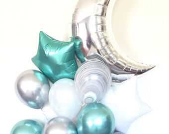 Moon Balloons | Galaxy Birthday Balloons | Out of this World Party | Silver and Mint Balloons | Over The Moon Baby Shower