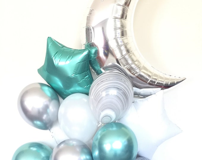 Moon Balloons | Galaxy Birthday Balloons | Out of this World Party | Silver and Mint Balloons | Over The Moon Baby Shower