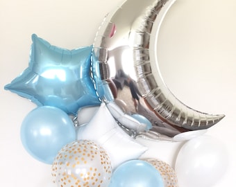 Twinkle Little Star Balloon Bouquet | Blue, Silver, and Gold Baby Shower Decor