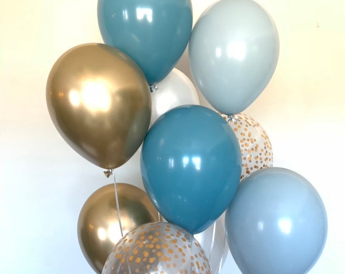 Steel and Fog Balloons | Blue and Gold Balloons | Something Blue | Gold Bridal Shower Decor | Pale Blue Baby Shower