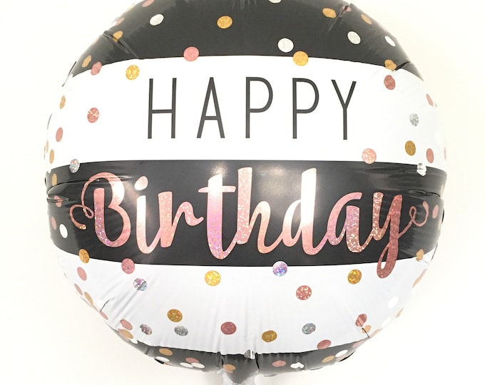 Happy Birthday Balloons | Rose Gold Birthday Party Decor | Kate Spade Balloons | Rose Gold Balloons | Black and White