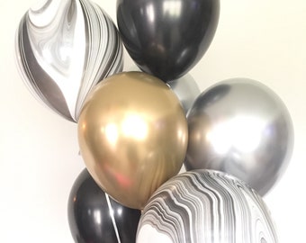 Black, White, Gold, Silver Chrome Balloon Bouquet | 8 Count
