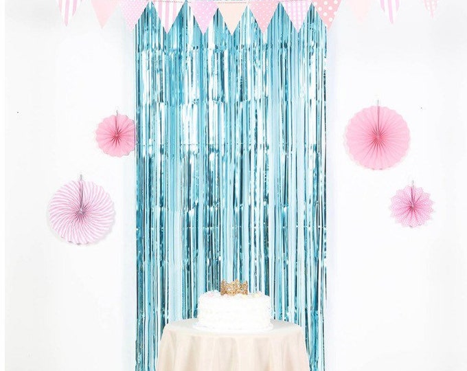 Blue Fringe Curtains | Blue Foil Curtains | Blue Birthday Party Decor | Blue Bridal Shower Decor | Blue Foil Backdrop | Blue Birthday Backdr