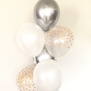 Globos plateados y blancos / Ramo de globos blancos / Globos plateados cromados / Decoración de cumpleaños plateada y dorada / Globos de confeti