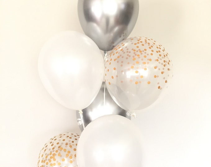 Silver and White Balloons | White Balloon Bouquet | Chrome Silver Balloons | Silver and Gold Birthday Decor | Confetti Balloons