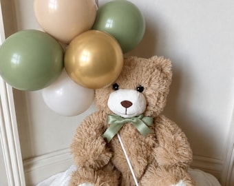 Grüner Teddybär-Ballonstrauß | Bär & Schleife optional | Teddybär-Bouquet | Bärenhafter 1. Geburtstag | Geschlechtsneutrale Teddybär-Babyparty