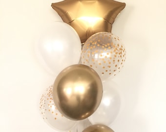 Gold Star Balloon Bouquet | White and Gold Confetti Balloons