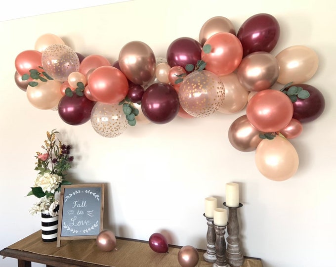 Chrome Rose Gold and Burgundy Balloon Garland | Rose Gold Bridal Shower Decor | Fall Baby Shower Decor | Fall Bridal Shower