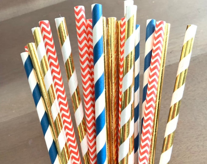 Coral and Navy Straws | Navy and Coral Party Decor | Coral Bridal Shower Decor | Navy Baby Shower Decor | Coral Party Straws
