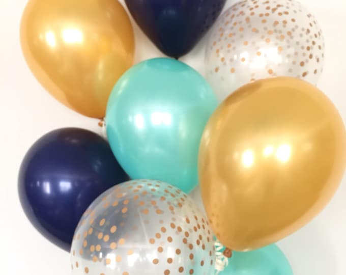 Mint Navy and Gold Balloon Bouquet | Navy and Mint Balloon Bouquet | Mint and Gold Balloons | Mint and Gold Bridal Shower Decor | Navy Brida