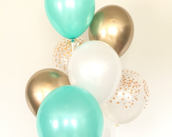 Mint and Gold Balloon Bouquet | Gold and Mint Balloons | Mint, White and Gold Balloons | Gold Bridal Shower Decor | Mint Gold Wedding Decor