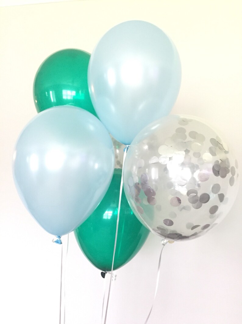 Silver Confetti Balloons Baby Shower Decor Birthday Balloons Boy Oh Boy Balloons Green and Blue Balloons Blue and Green Balloons